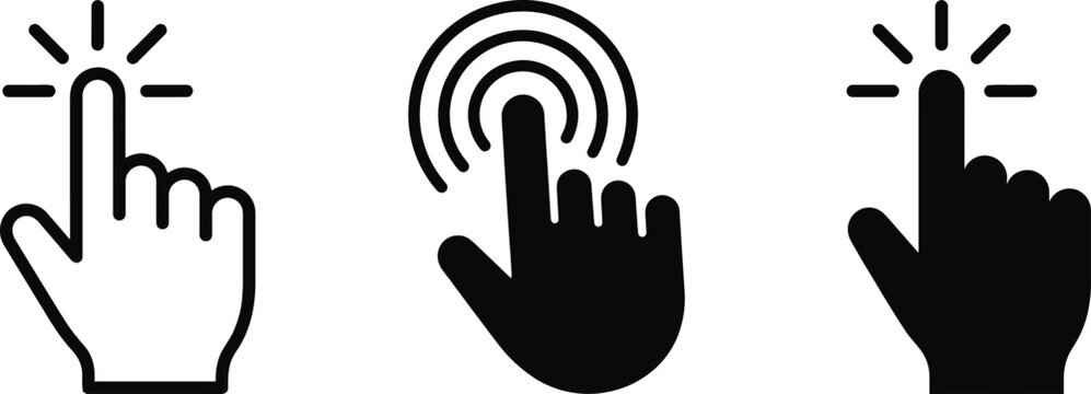 Set of hand cursor pointer icons featuring clicking, tapping, and touchscreen interaction symbols in outline and solid styles