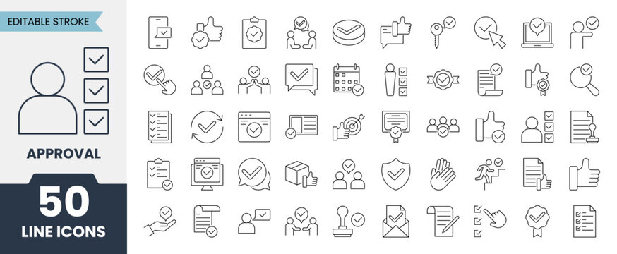 Approval line icons set with editable stroke. Containing confirmation, thumps up, agreement, approve, accept and more. Vector illustration
