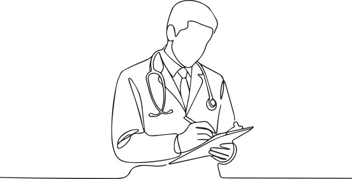 A minimalist line drawing of a doctor or medical professional taking notes