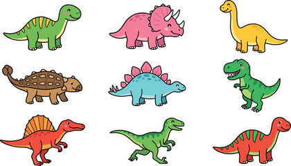  Cute Colorful Cartoon Dinosaur Collection Set with Various Species Adorable Dino Characters Kids Vector Illustration © Mst RAFIYA
