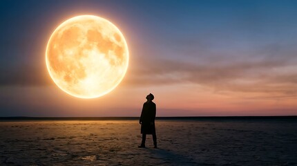 Fototapeta premium Silhouette of man standing on barren landscape looking up at large full moon during twilight.