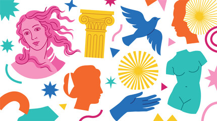 Colorful Bold Retro Greek Mythology and Classical Art Element Collection Set with Venus Column Bird Vector Illustration © Mst RAFIYA