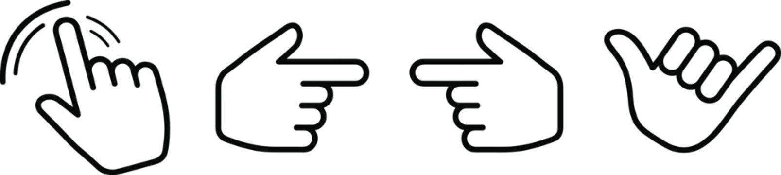 Set of minimalist hand gesture icons featuring click interaction, left and right directional pointers, and shaka sign in outline style