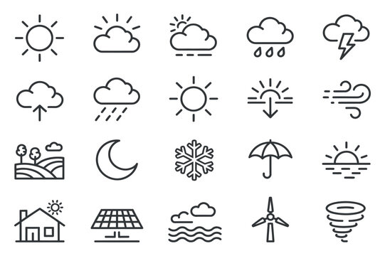 Weather icons set linear style black lines on a white background high quality professional detailed modern