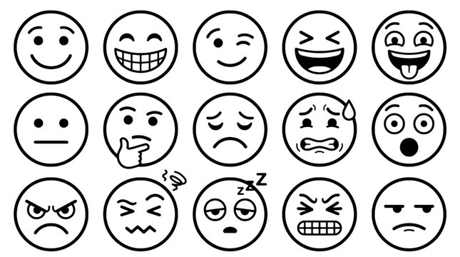 Face emotion icons set with simple line art expressions for moods, feelings, and reaction graphics featuring expression, mood, feeling with icon pack