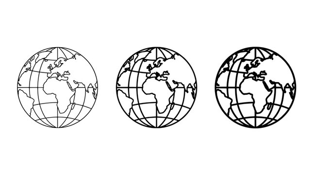Globe world map icons with black line art continents and latitude longitude for education and design graphics