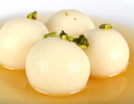 Soft and spongy rasgullas soaked in sweet sugar syrup delight every bite.