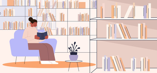 Woman reading book in modern library interior cozy armchair bookshelves indoor plant minimal pastel colors website banner © mast3r