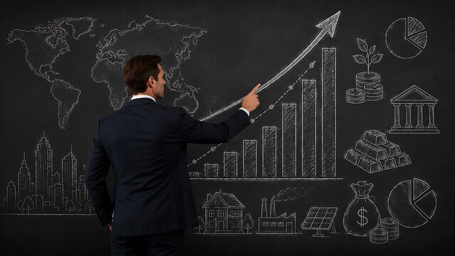 Businessman pointing arrow graph corporate future growth plan, Asset investment chart business and finance of chalk outline.