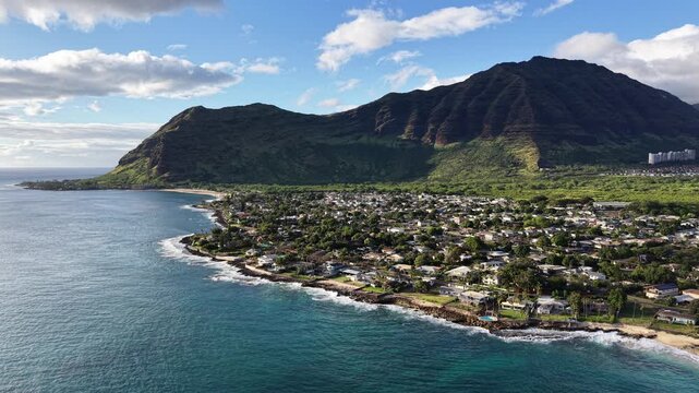Still shot overlooking Makaha on the Waianae Coastline on the west side of the island of Oahu in Hawaii. 