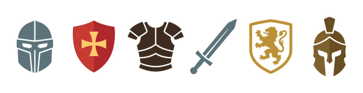 Set of six medieval and ancient warrior icons featuring helmets, shields with a cross and lion, body armor, and a sword in a simple flat graphic illustration style