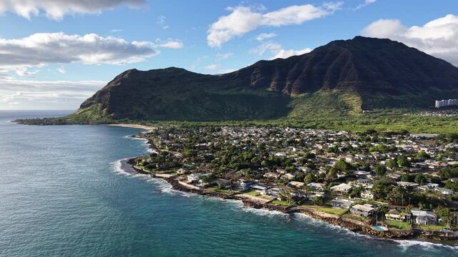 Aerial view overlooking Makaha on the Waianae Coastline on the west side of the island of Oahu in Hawaii. 