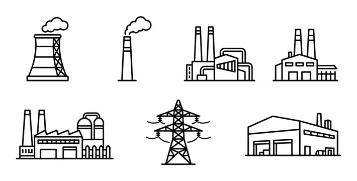 Collection of industrial building line icons including a factory, power plant, cooling tower, smokestack, and electricity pylon drawn in a simple, minimalist outline style