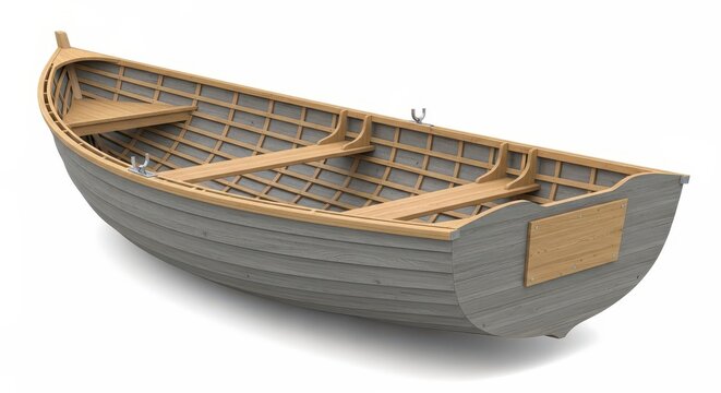 Traditional Wooden Rowing Boat Isolated on White Background - 3D Render of a Classic Skiff