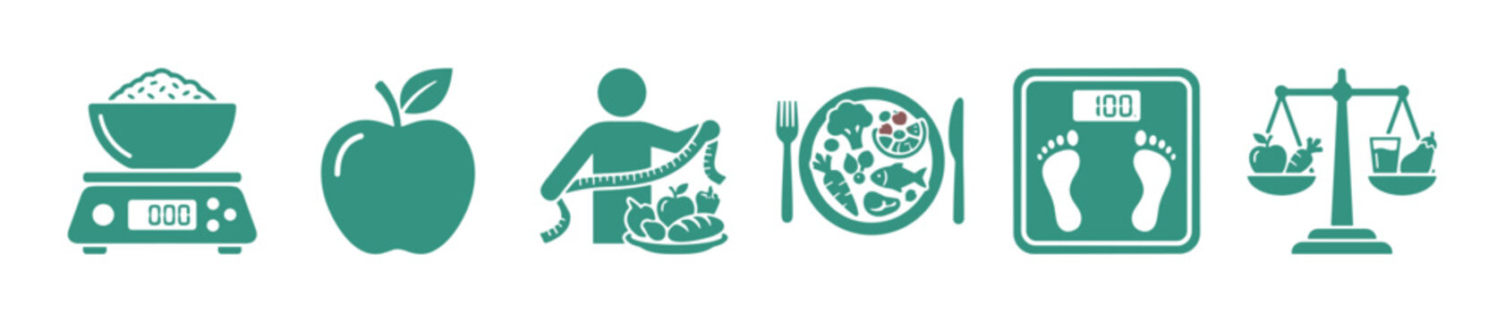 Set of green health and diet icons showing weight loss concepts like measuring food, balanced meals, and weighing oneself on a scale in a simple flat vector style