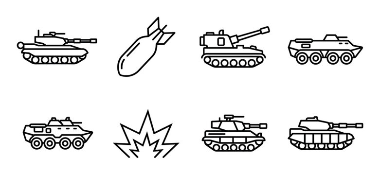 Set of military vehicle and weapon icons in a clean black line art style, featuring various tanks, armored carriers, a bomb, and an explosion symbol for design