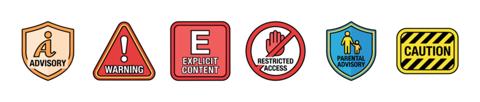 Set of six colorful warning and advisory icons including explicit content, parental advisory, caution, and restricted access signs in a flat vector illustration style