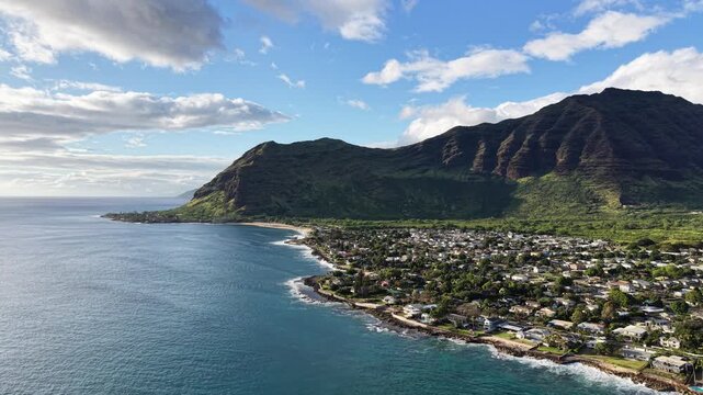 Aerial view overlooking Makaha on the Waianae Coastline on the west side of the island of Oahu in Hawaii. 