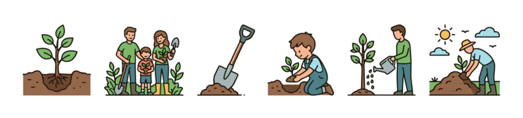 Obraz premium Set of tree planting process illustrations showing a family, child, and adults gardening together with tools like a shovel and watering can in a cute cartoon doodle style
