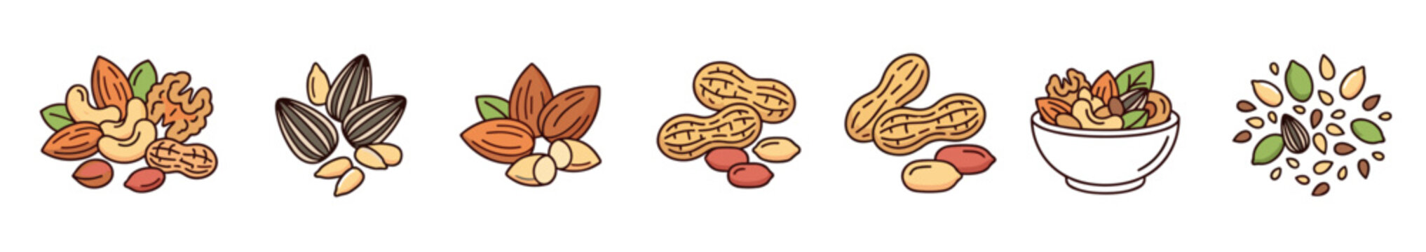 Collection of assorted nuts and seeds illustrations in a hand-drawn doodle style, featuring peanuts, almonds, cashews, walnuts, and sunflower seeds in piles and a bowl for healthy snacking