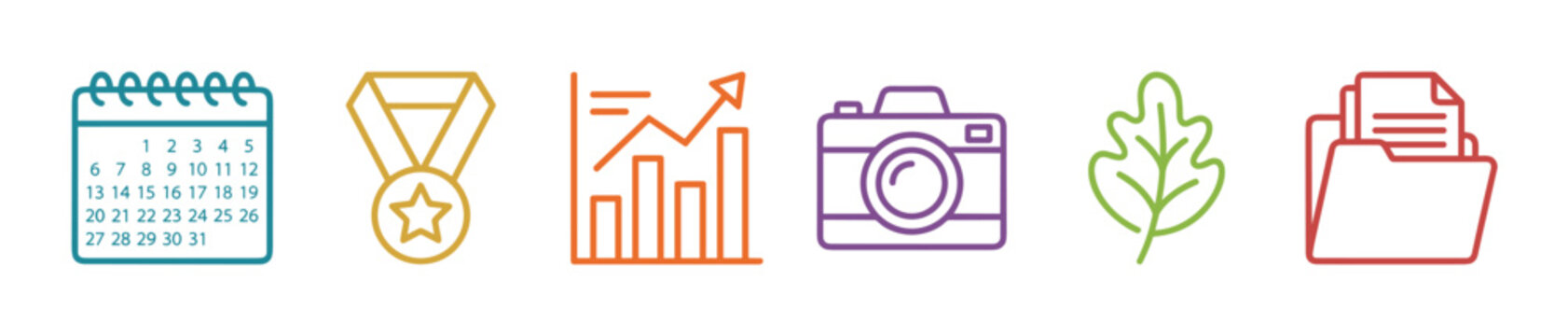 Collection of colorful minimalist line icons including a calendar, medal, growth chart, camera, leaf, and document folder representing various concepts