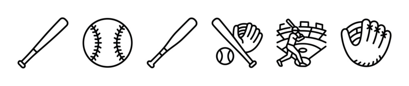 Baseball sport equipment and player icon set in a simple black line art style showing a bat, ball, glove, and batter swinging on a field for graphic design elements