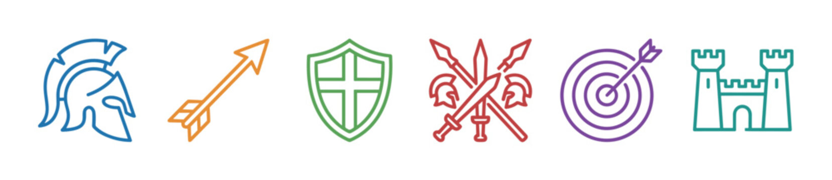 Colorful set of medieval line icons including a spartan helmet, arrow, shield, crossed weapons, target, and castle, representing war, strategy, and protection in a minimalist style