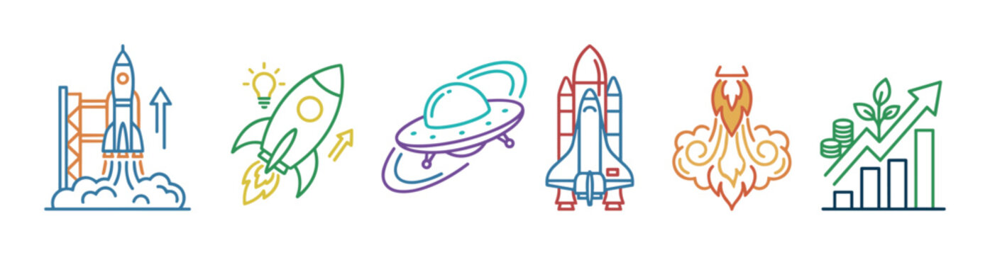 Colorful set of line art icons representing business startup, innovation, and financial growth concepts with rockets, a space shuttle, a UFO, and a bar chart illustration