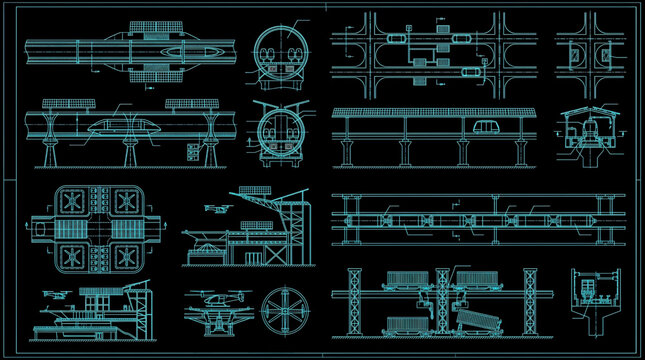 AutoCAD Futuristic Transport Systems Blueprint Technical Drawing Vector Set Multi View Cyan Outline on Black Background