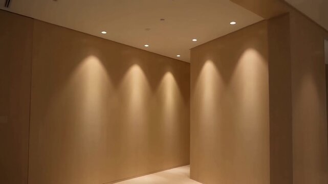 Warm Recessed Ceiling Lights Illuminating Smooth Beige Walls in Luxury Modern Interior, Calm Upscale Ambiance