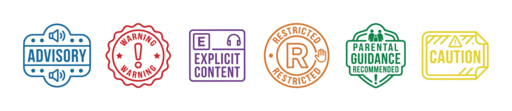 Colorful collection of parental advisory labels and warning stamps including explicit content, restricted, and caution icons in a flat vector line art illustration style