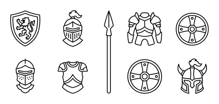 Set of medieval knight armor icons featuring various helmets, shields with heraldic symbols, a spear, and plate armor in a clean black line art illustration style