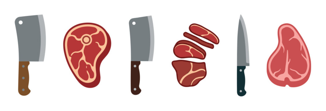 Collection of butcher knives and raw meat cuts including cleavers, a chef knife, and various steaks in a flat vector illustration style for a food or butchery concept