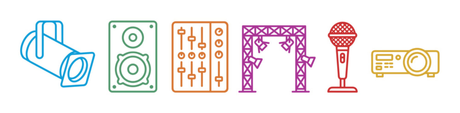 Colorful line art icon set of stage equipment including a spotlight, speaker, mixer, truss, microphone, and projector for live events and entertainment concepts