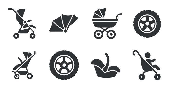 Set of eight monochrome baby transport icons featuring a stroller, pram, infant car seat, canopy, and wheel, presented as a simple vector graphic illustration for family life