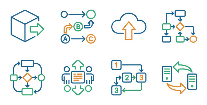 Set of workflow and process icons representing various business concepts like flowcharts, data transfer, cloud upload, and collaboration in a colorful line art vector style