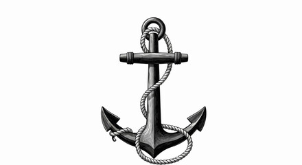 Detailed illustration of a black anchor with rope on white background symbolizing stability and nautical themes © Prema