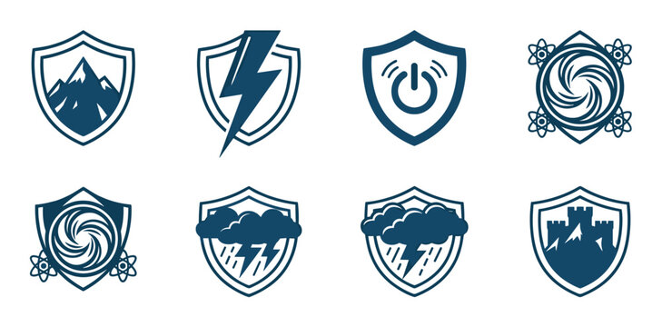 Set of eight blue shield emblems featuring minimalist symbols for protection, power, and nature, such as a mountain, lightning bolt, storm cloud, and fortress for logo design