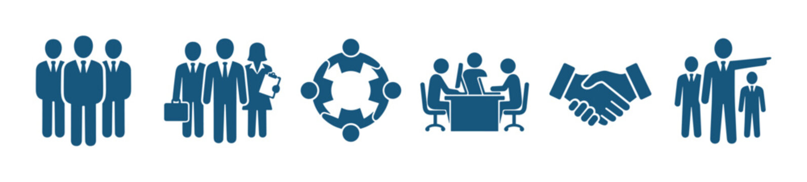 Blue business icon collection featuring pictograms of teamwork, leadership, corporate meetings, collaboration, and partnership handshakes