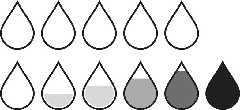 Water drop level icons set in multiple styles and fill levels.