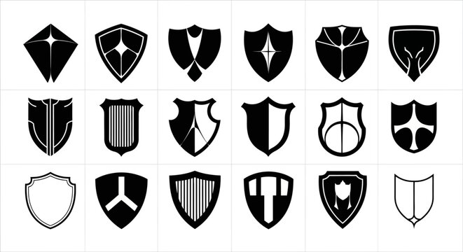 Collection of 20 black and white shield logos icons and symbols for protection security and defense concepts
