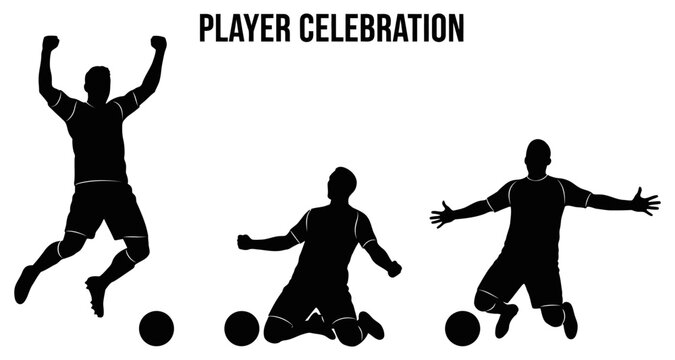 Soccer players celebrate victory with dynamic poses against a clean white background