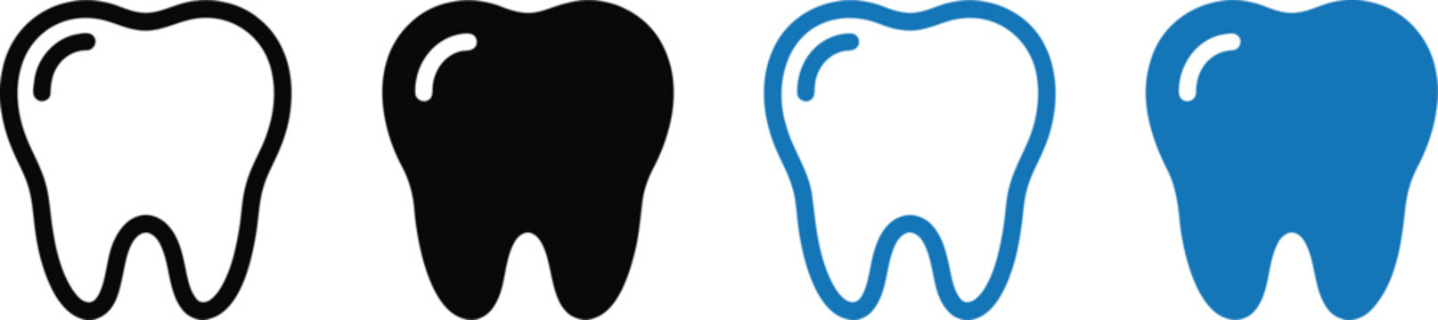 Human tooth vector icons, dental health and hygiene symbol in outline, solid, and blue color variations.