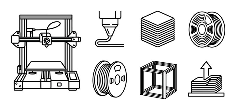 3D printing technology icon collection in a black line art style, featuring a printer machine, extruder nozzle, filament spool, and additive manufacturing process symbols