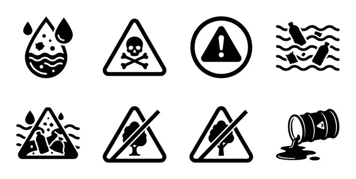Set of black environmental hazard icons representing pollution, toxic danger, water contamination, plastic waste, deforestation, and chemical spills in a minimalist glyph style