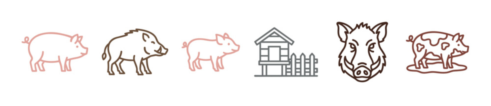 Collection of pig and wild boar icons in a simple outline style, featuring a piglet, a spotted pig, a boar's head, and a farm pigsty with a wooden fence