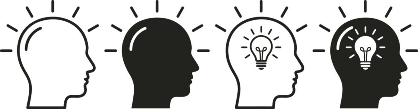 Creative head profile icon set showing brain storming and innovative ideas.
