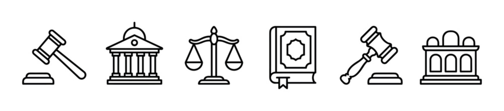 Set of law and justice icons in a minimalist black line art style, featuring a gavel, courthouse, scales, legal book, and a judge's bench for representing the legal system