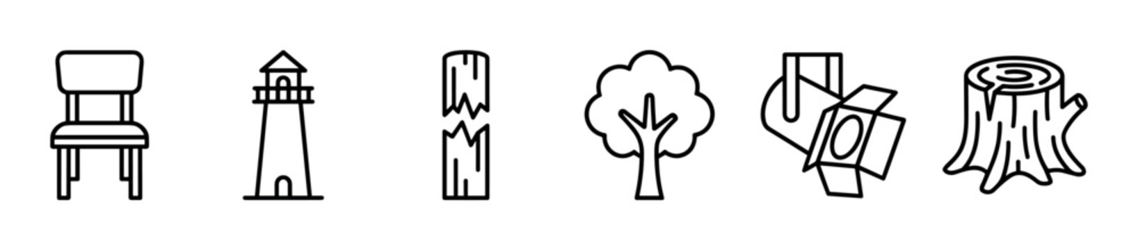 Set of six black outline icons including a chair, lighthouse, broken plank, tree, stage light, and tree stump, presented in a simple, modern, and linear graphic style