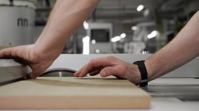 Close up of carpenter hands cutting wooden board on circular saw machine during woodworking process in furniture workshop.